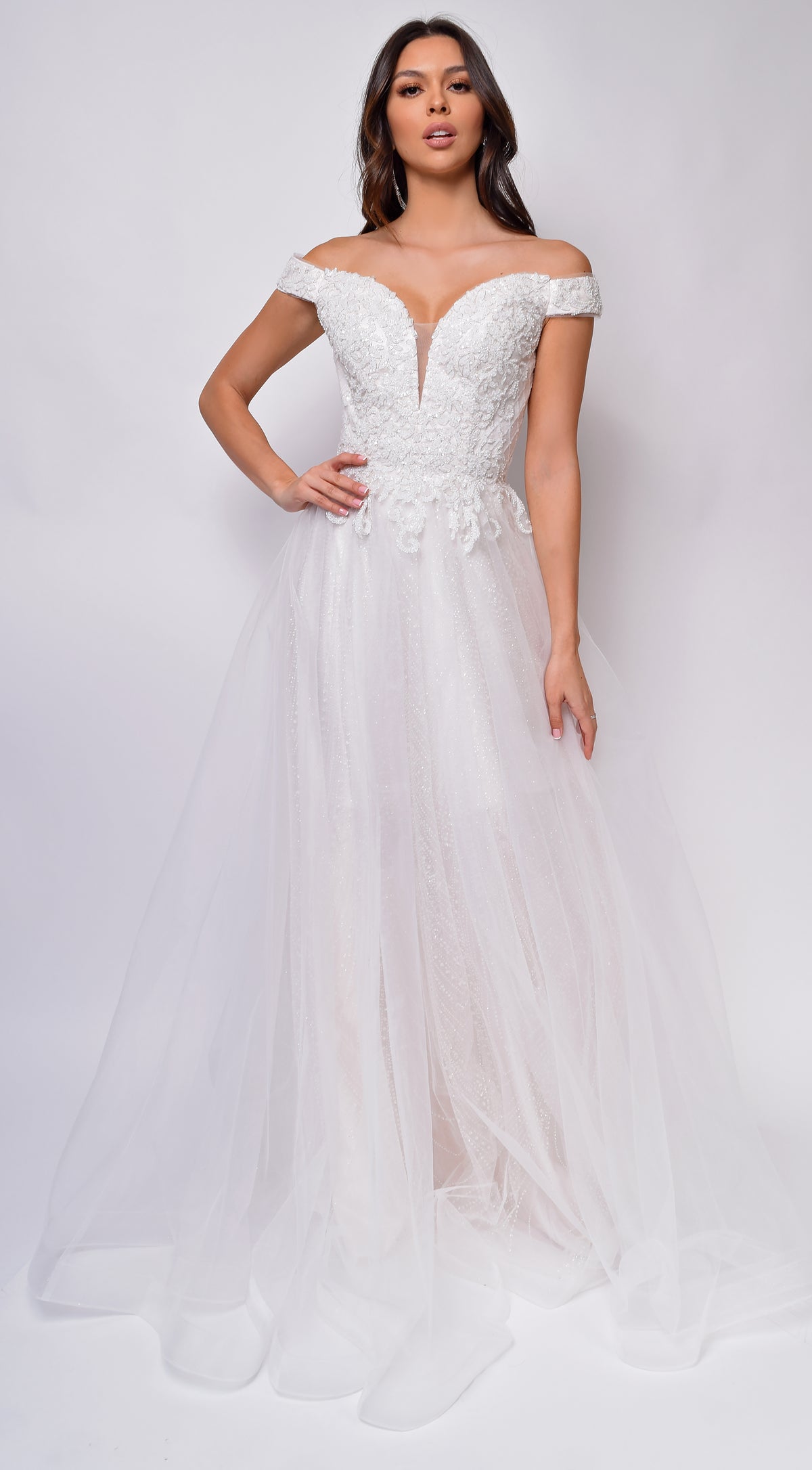 Nicole Sweetheart Neckline A-Line Lace Off Shoulder Layered Tulle Skirt Bridal Gown