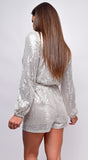 Tempo Silver Sequin Long Sleeve Belted Romper