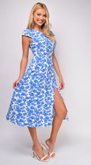 Zahra Blue Ivory Floral Print Side Slit Midi Dress side profile view on model