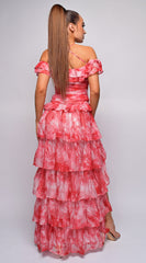Lavera Red Tie Dye Ruffle Side Slit Maxi Dress