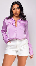 Braylee Satin Button Down Blouse Top - Lavender