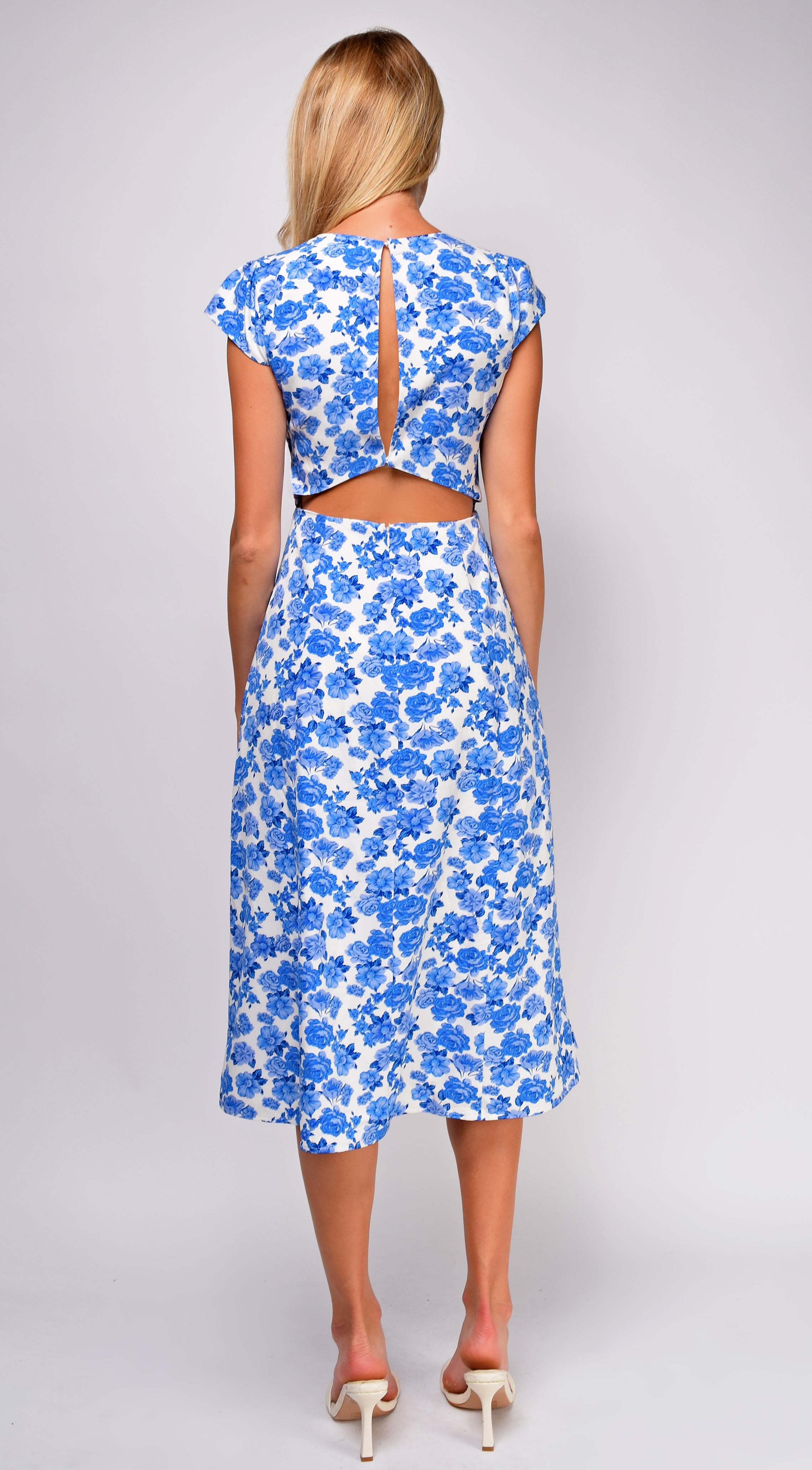 Zahra Blue Ivory Floral Print Side Slit Midi Dress