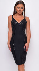 Altana Black Sequin Bandage Midi Dress