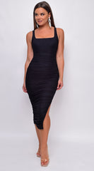 Nezrin Black Square Neck Ruched Side Slit Midi Dress