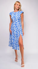 Zahra Blue Ivory Floral Print Side Slit Midi Dress full length front view on model