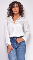 Braylee White Satin Button Down Blouse Top