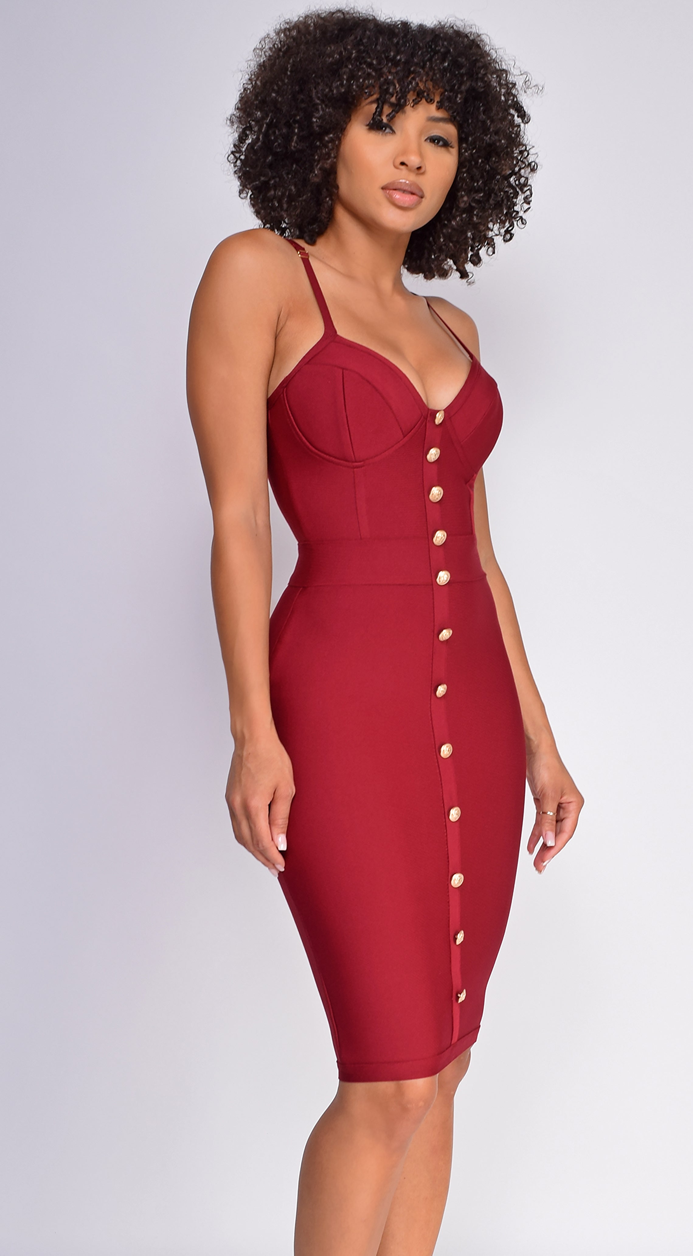 Nelinha Wine Red Gold Button Bandage Dress