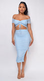 Elvia Pastel Blue Ruched Crop Top & Skirt Set