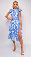 Zahra Blue Ivory Floral Print Side Slit Midi Dress back view on model