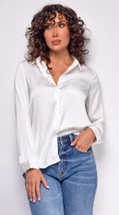 Braylee White Satin Button Down Blouse Top