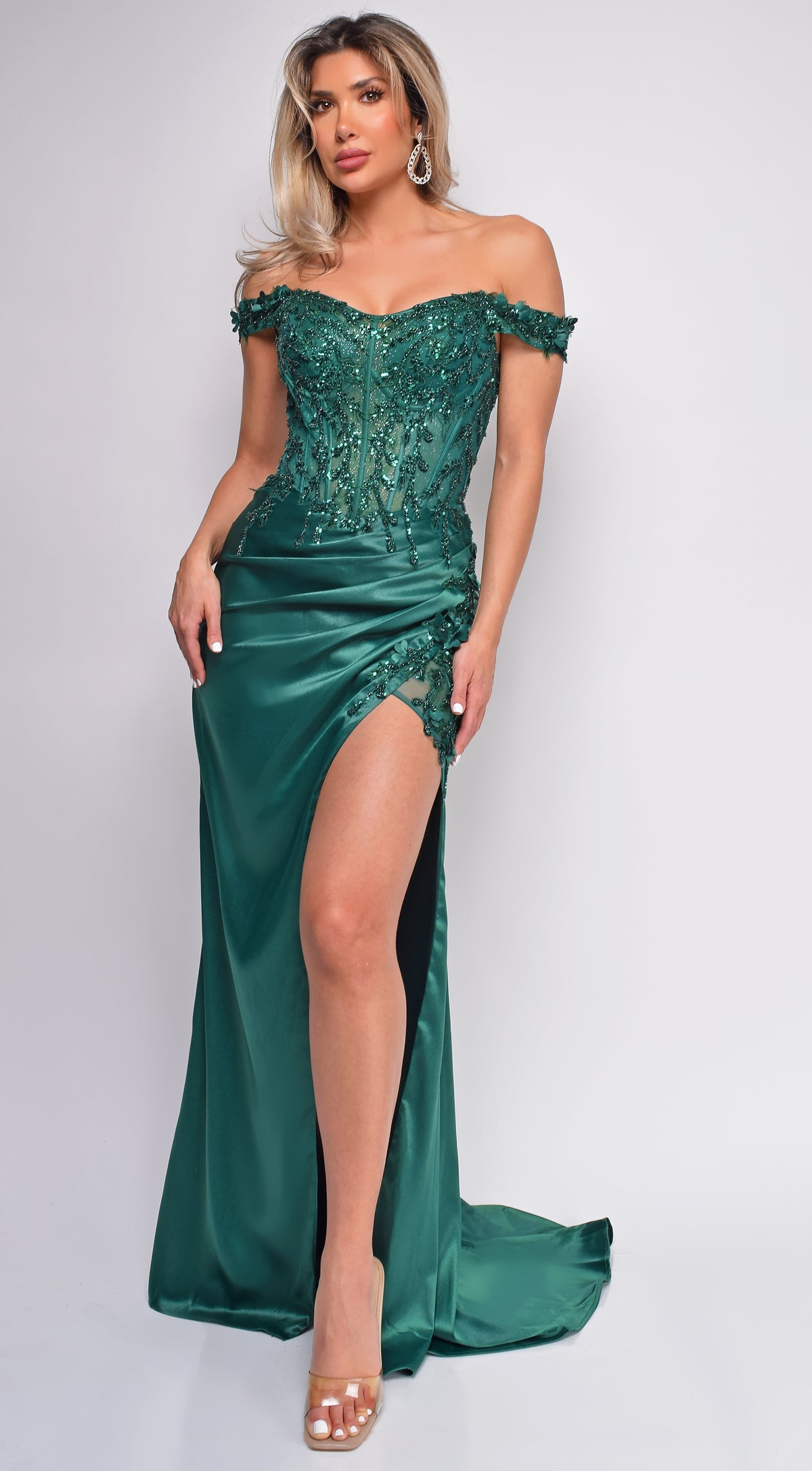 Nalini Green Lace Embellished Satin Gown