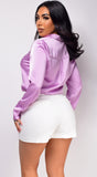 Braylee Lavender Purple Satin Button Down Blouse Top
