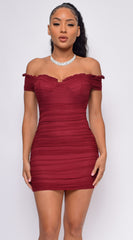 Never Again Wine Red Off Shoulder Ruched Dress