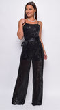 Coraline Black Sequin belted Jumpsuit