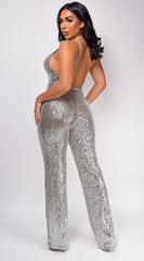 Gianella Silver Deep V Sequin Jumpsuit