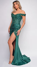 Nalini Green Lace Embellished Satin Gown