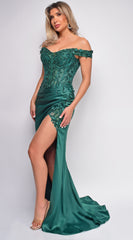 Nalini Green Lace Embellished Satin Gown