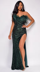Mavis Green Feather Sequin Gown full length front view on model