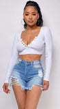 Evant White V Neck Button Crop Top