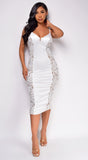 Aiday Off White Lace Satin Midi Dress