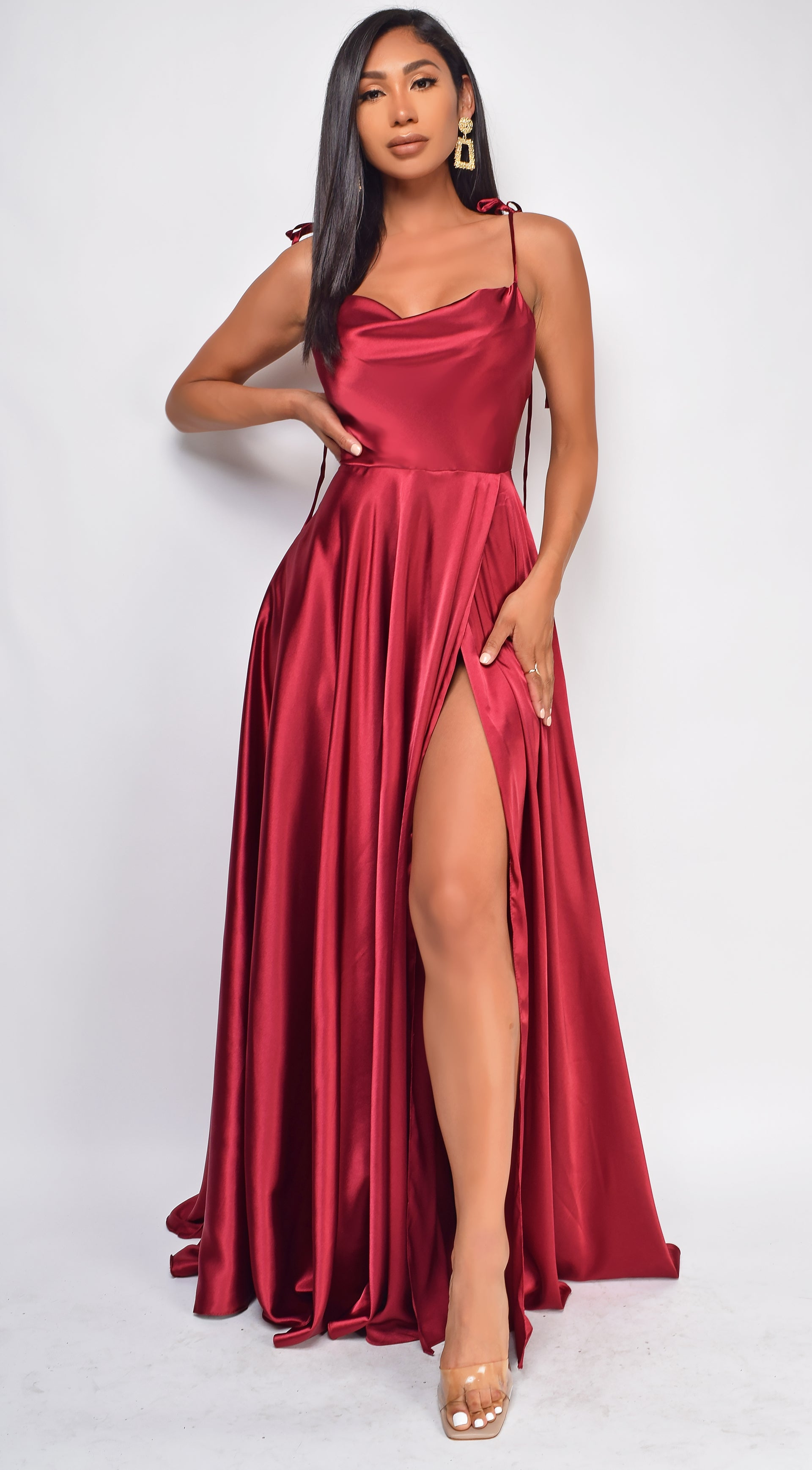 fitted lace wedding dress Side-Drape Sheer-Waist Long Satin Prom Dress main image 1