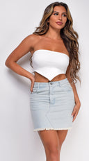 Palila Light Blue Denim Skirt back view on model