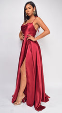 Penelope Red Drape Neck Gown back view on model