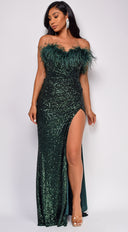 Mavis Green Feather Sequin Gown side profile view on model