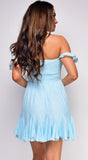 Ocean Blue Smocked Off Shoulder Mini Dress
