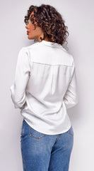 Braylee White Satin Button Down Blouse Top