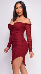 Destiny Burgundy Red Off Shoulder Ruched Dress