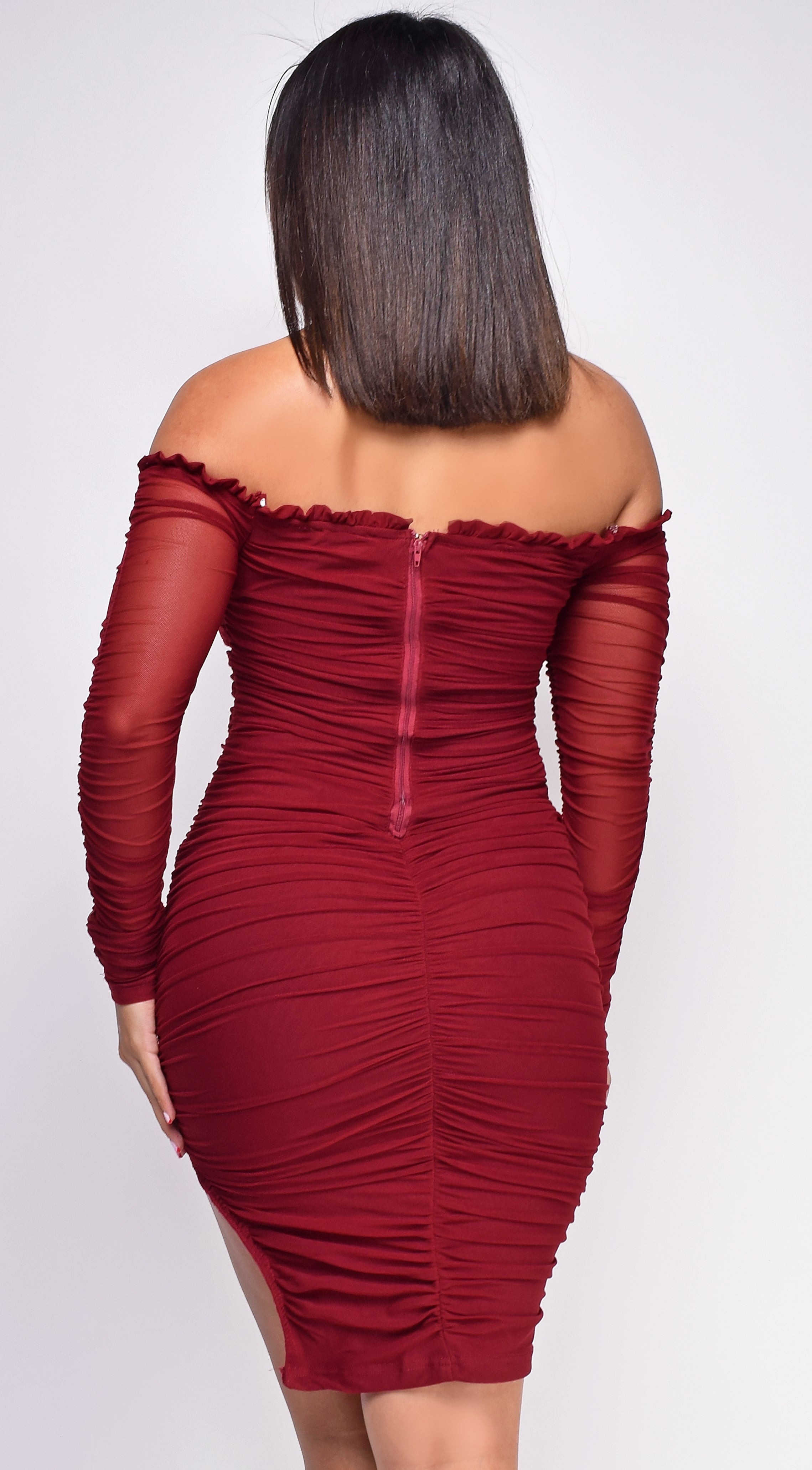 Destiny Burgundy Red Off Shoulder Ruched Dress