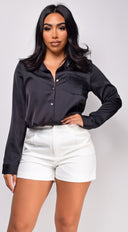 Braylee Satin Button Down Blouse Top - Black