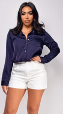 Braylee Satin Button Down Blouse Top in Navy full length front view on model