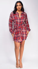 Saylor Red Button Up Plaid Shirt Dress