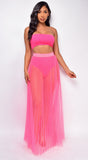 Palmaria Neon Pink Pleated Sheer Tulle Maxi Cover-up Skirt