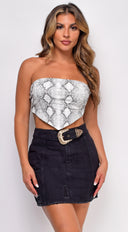 Riley Gray White Snake Print Bandana Top full length front view on model