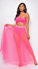 Palmaria Neon Pink Pleated Sheer Tulle Maxi Cover-Up Skirt full length front view on model