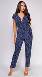 Kimmy Navy White Abstract Surplice Side Tie Jumpsuit