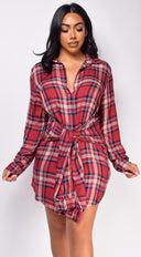 Saylor Red Button Up Plaid Shirt Dress close-up of button detailing