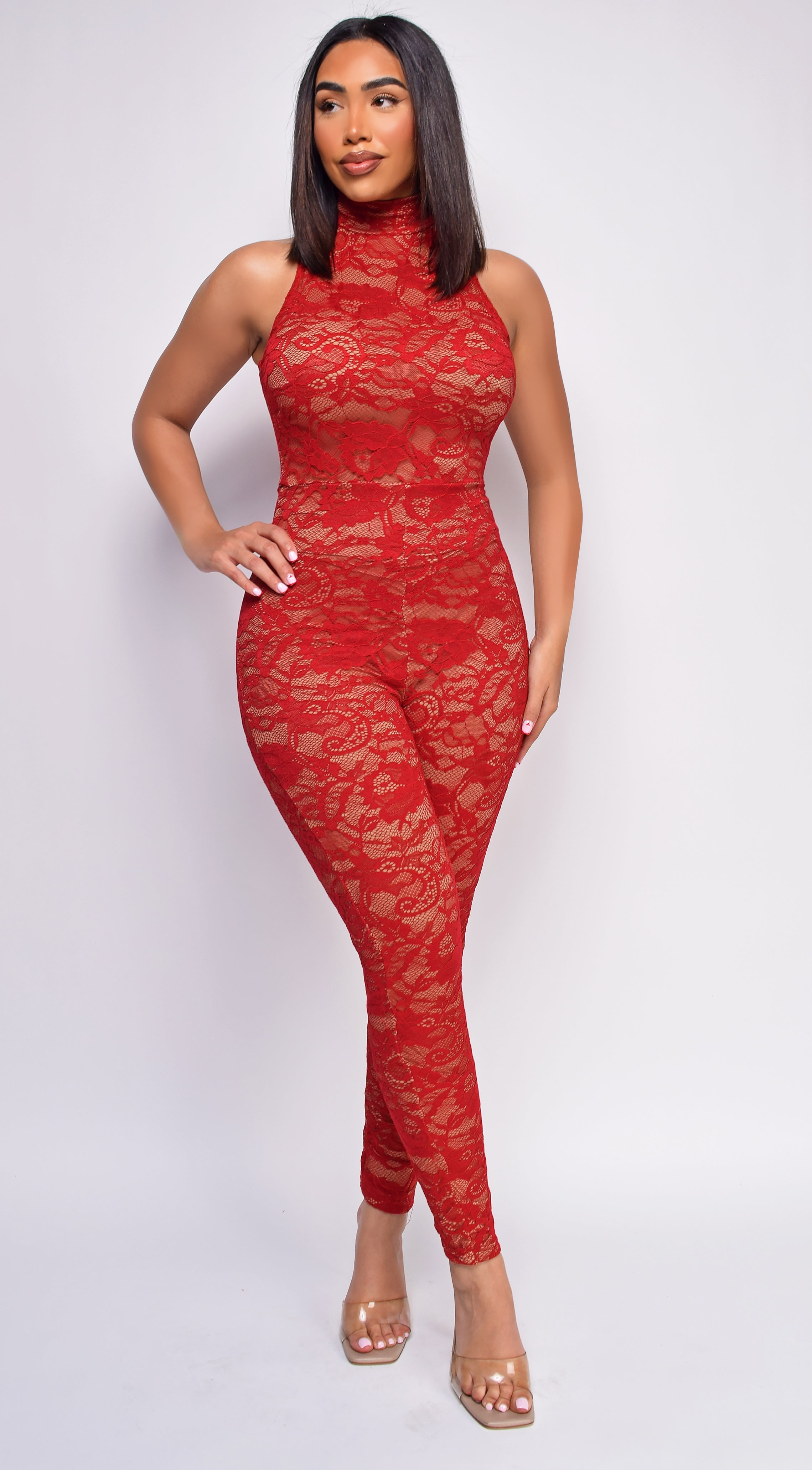 Maddie Red Mock Neck Lace Jumpsuit
