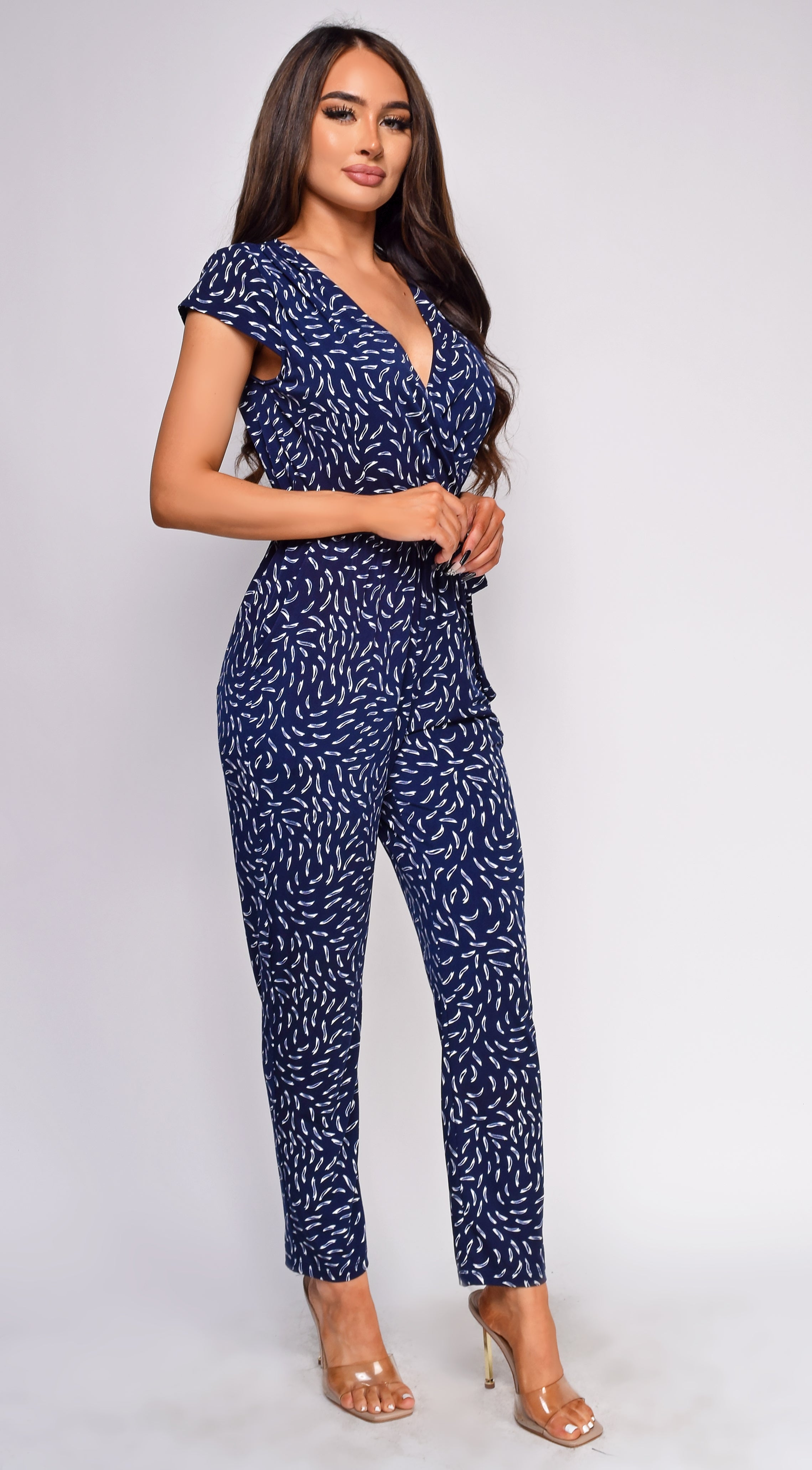 Kimmy Navy White Abstract Surplice Side Tie Jumpsuit