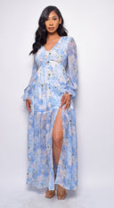 Janet Blue Floral Print Maxi Dress full length front view on model