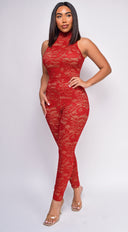 Maddie Red Mock Neck Lace Jumpsuit
