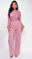Nerine Crochet Lace Mesh Jumpsuit - Pink
