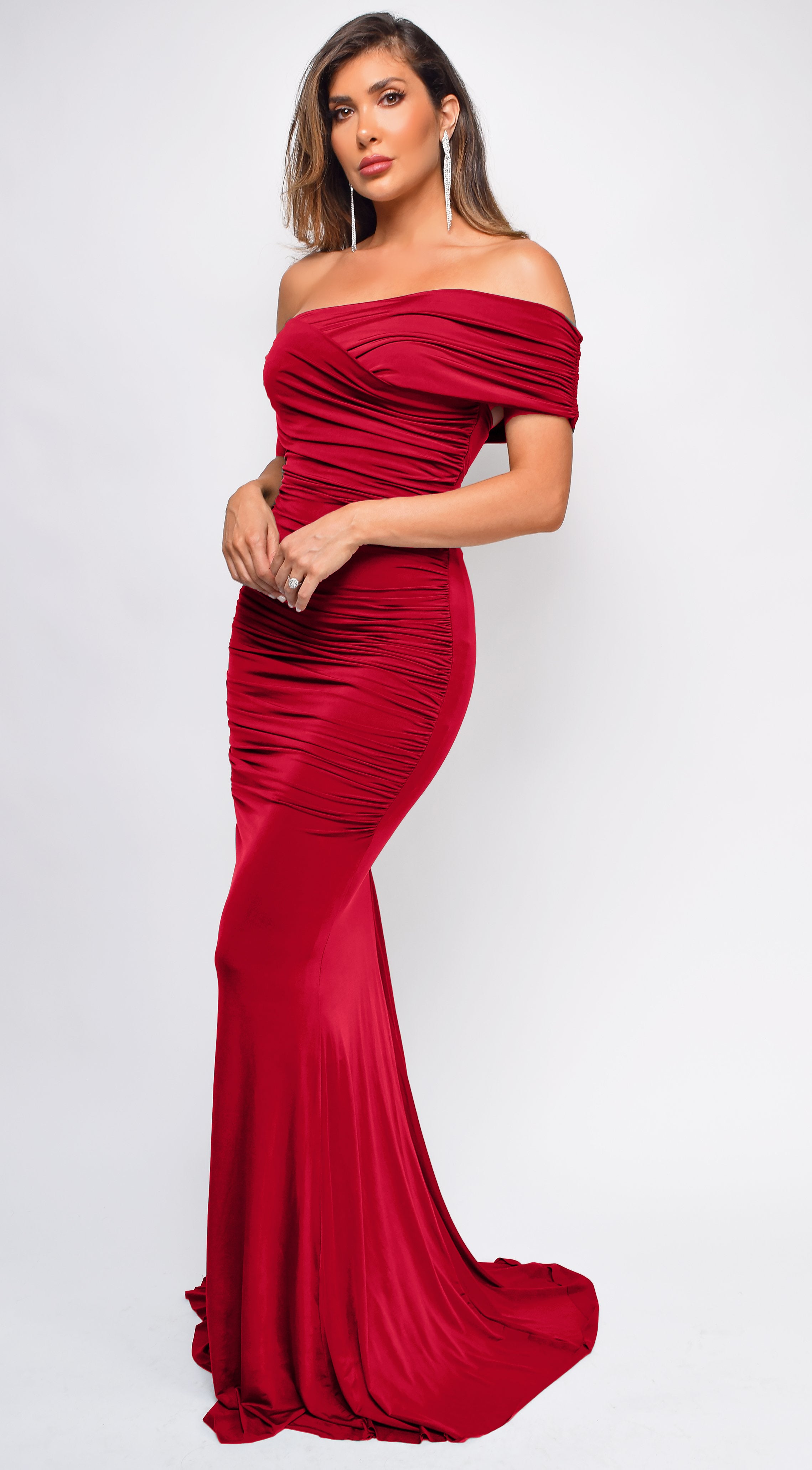 Divine Burgundy Red Off Shoulder Surplice Gown