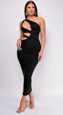Pace Black One Shoulder Cut Out Midi Dress side profile view on model