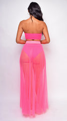 Palmaria Neon Pink Pleated Sheer Tulle Maxi Cover-up Skirt