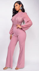 Nerine Crochet Lace Mesh Jumpsuit - Pink