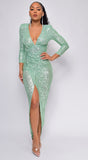 Nevada Green V Neck Sequin Maxi Dress